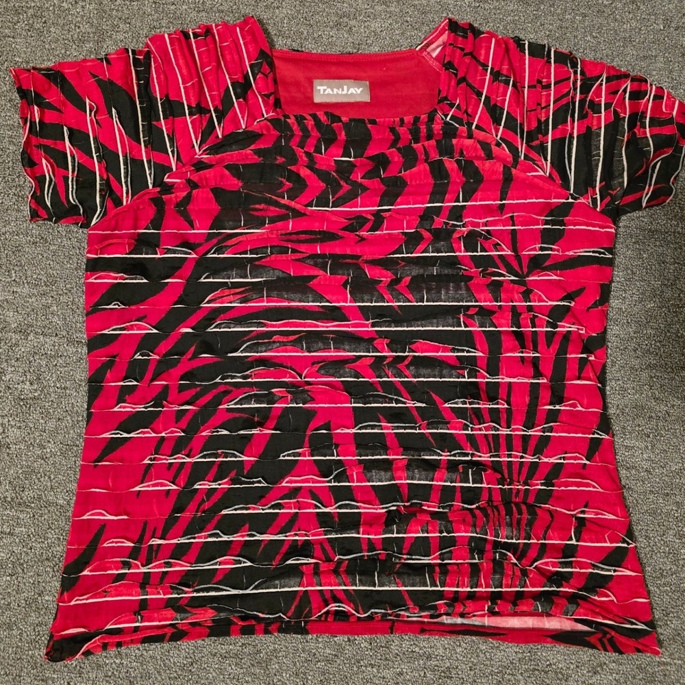 Tanjay Abstract Print Pleated Top Square Neck Short Sleeve Blouse